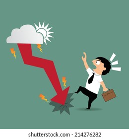 Cartoon businessman shocking down arrow and downturn economic crisis, He watching financial falling, Red graph that makes crack on ground