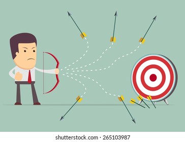 Cartoon businessman shooting target with a bow and arrow, vector illustration.