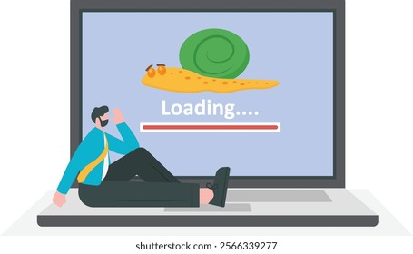 cartoon businessman show laptop too slow loading snail, vector, illustration

