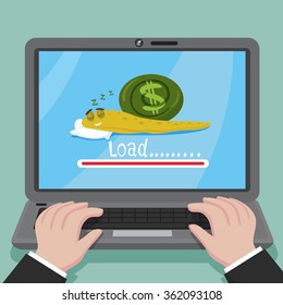 cartoon businessman  show laptop too slow loading snail and fail, vector, illustration  