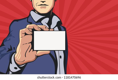 Cartoon businessman showing his business card. Comic man in suit displaying his cutaway. Adult with halftone revealing his card. Male and people, work and business theme
