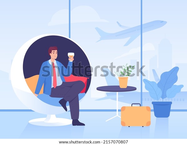 Cartoon businessman sitting in chair in airport VIP
lounge. Man in waiting room with drink in glass flat vector
illustration. Traveling, relaxation concept for banner, website
design or landing page