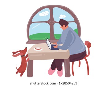 cartoon businessman sitting in front of his laptop at home during quarantine. His dog is trying to get food. Stay safe concept. Vector illustration in flat design.