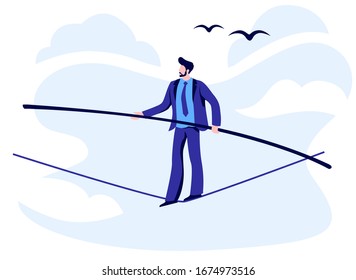 Cartoon businessman slackline walker vector flat illustration. Colorful business male balanced on slack line rope holding pole isolated on white. Concept of problems solution and risk challenge