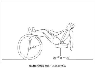 Cartoon Of Businessman Sleeping Lay Down On Office Chair And Alarm Clock Covered His Face With Book. Afternoon Slump, Laziness Metaphor. Single Continuous Line Art Style