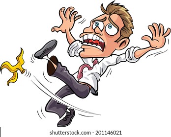 Cartoon businessman slipping on a banana peel. Isolated