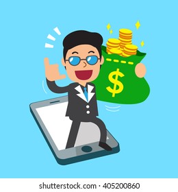 Cartoon a businessman and smartphone