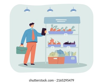 Cartoon businessman with smartphone in grocery store. Man buying or ordering fruits and vegetable in shop flat vector illustration. Shopping, technology concept for banner or landing web page
