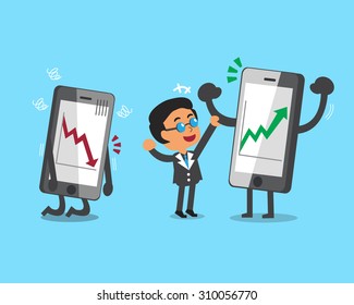 Cartoon businessman and smartphones with stock market arrows