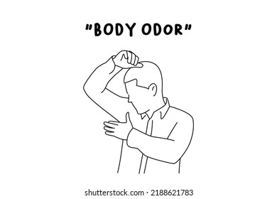 Cartoon of businessman smelling his armpits. Outline drawing style art
