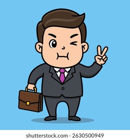 Cartoon businessman smiling and flashing a peace sign while holding a briefcase.