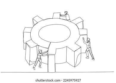 Cartoon of businessman spinning cogwheel gear together with team concept of hard work team. One line art style