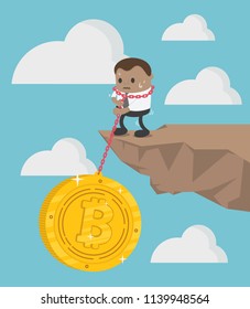 Cartoon businessman staggering and bending over with a huge heavy gold coin On the cliff