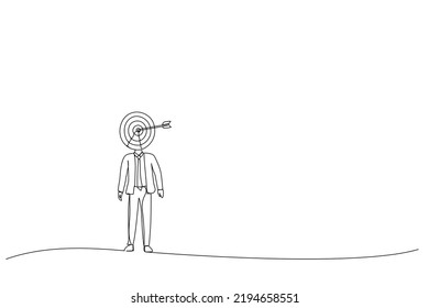 Cartoon of businessman stand as human target, metaphor for business competition target. Continuous line art style
