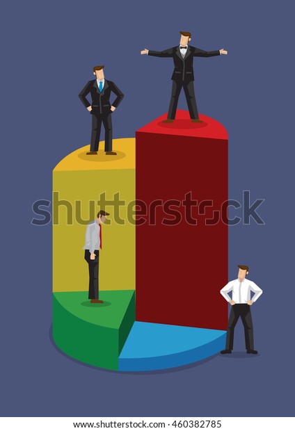 Cartoon businessman stand on different\
levels of pie chart. Creative vector business illustration on\
market share in businesses isolated on blue\
background.