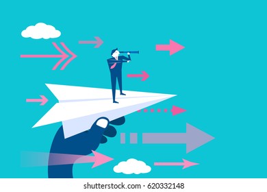 cartoon businessman stand on paper airplane on blue background