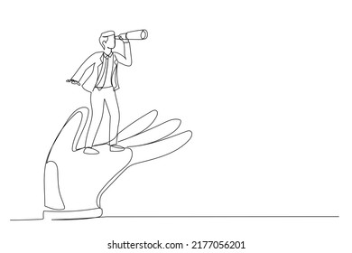 Cartoon Of Businessman Stand On Support Hand Look Into Telescope Vision. Support Or Empowerment For Career Development. Single Continuous Line Art Style
