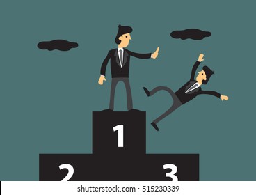 Cartoon businessman standing the first place on three-level podium pushing away his competitor. Creative vector illustration on metaphor for getting rid of business competitor.