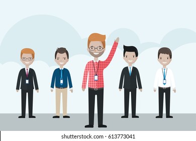 Cartoon businessman standing in front of the group, raising his hand up  - recruitment, leader and volunteer concepts

