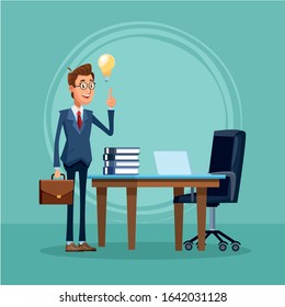 cartoon businessman standing in front of office desk with laptop computer and books over green background vector illustration