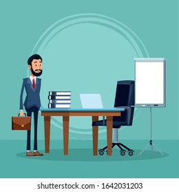 cartoon businessman standing in front of office desk with laptop computer and books over green background, colorful design, vector illustration