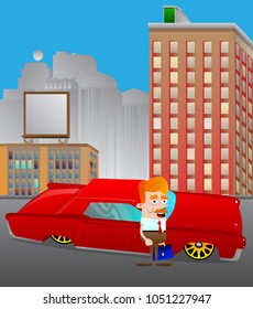 Cartoon businessman standing in front of a red car in the city. Concept of success, achievement, wealth. Vector illustration.