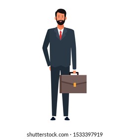 cartoon businessman standing and holding a briefcase icon over white background, vector illustration