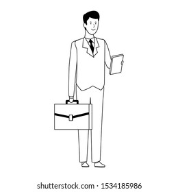 cartoon businessman standing and holding a briefcase icon over white background, vector illustration
