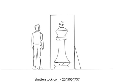 Cartoon of businessman standing infront of mirror seeing inner king chess piece concept of positive mindset. Single line art style