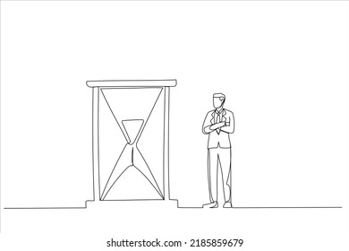 Cartoon Of Businessman Standing And Looking At Hourglass While Time Goes By. Patience Concept. Continuous Line Art
