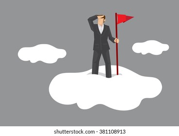 Cartoon businessman standing on cloud with hand holding a red flag and shielding eyes looking far. Vector illustration on metaphor for far-sighted visionary.