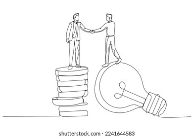 Cartoon of businessman standing on lightbulb idea lamp shaking hands. Idea pitching. Single line art style
