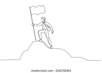 Cartoon of businessman standing on the top of mountain peak holding flag like conqueror. One continuous line art style