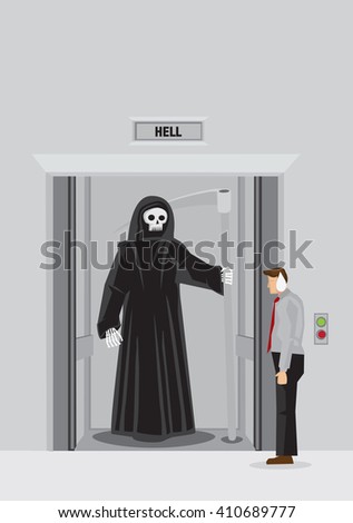 Cartoon businessman standing outside elevator with floor indicator marked Hell finds Grim Reaper standing inside the lift. Vector illustration on strange encounter with death concept.