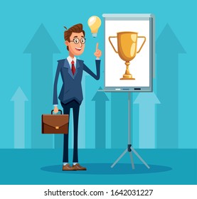 cartoon businessman standing pointing a presentation board with trophy cup icon over blue background, colorful design, vector illustration