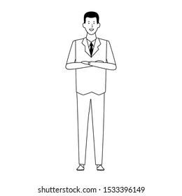 cartoon businessman standing and smiling icon over white background, black and white design. vector illustration