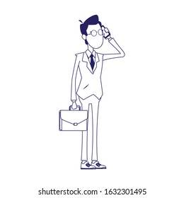 cartoon businessman standing using a cellphone over white background, flat design, vector illustration