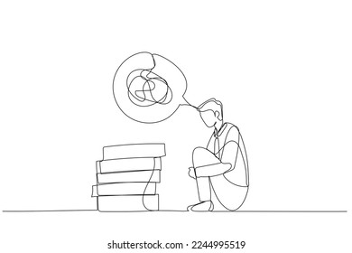 Cartoon of businessman in a state of depression confused concept of mental health. One line style art