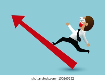 Cartoon businessman with statistic arrows.