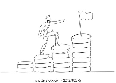 Cartoon of businessman step climbing money coin stack aiming to achieve target reach financial goal. One line art style