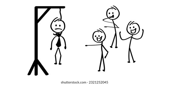 Cartoon businessman stickman stick figure man. Vector Gallow symbol. Gallows glyph icon or logo, hang and knot, rope sign. the boss, hangman noose knot. Drawing happy people.