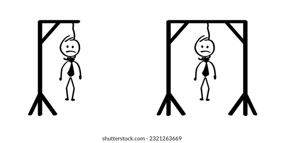 Cartoon businessman stickman stick figure man. Vector Gallow symbol. Gallows glyph icon or logo, hang and knot, rope sign. the boss, hangman noose knot. Drawing happy people.