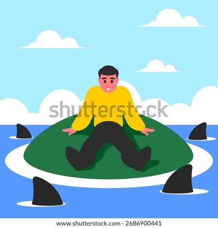 A cartoon businessman is stranded alone on a tiny island, surrounded by sharks. A vector metaphor for business risk, crisis, competition, and danger