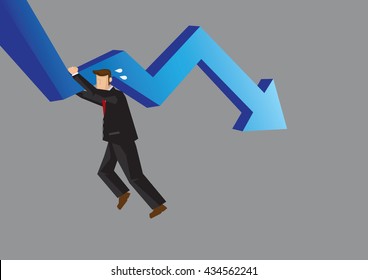 Cartoon businessman struggling and hanging on to declining arrow. Business illustration for struggling in under performing business concept isolated on grey background.