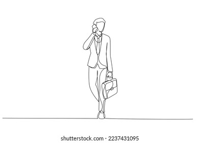 Cartoon of businessman in suit with bag on phone. One line art style
