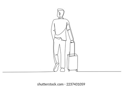 Cartoon of businessman in suit dragging suitcase luggage bag in the airport. One line art style
