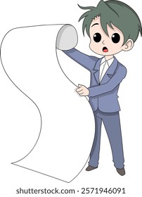 A cartoon businessman in a suit holding a long blank document with a surprised expression, creating a sense of humor and curiosity