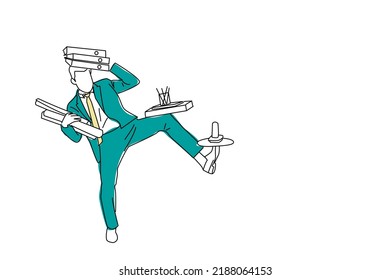 Cartoon of businessman in a suit juggling with office supplies in his office. Single continuous line art style
