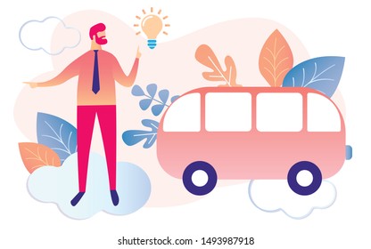 Cartoon Businessman In Suit With Light Bulb Creative Idea Symbol. Man Show Car Way Forward Vector Illustration. Transportation Company Business Concept. Work Process Management Organization