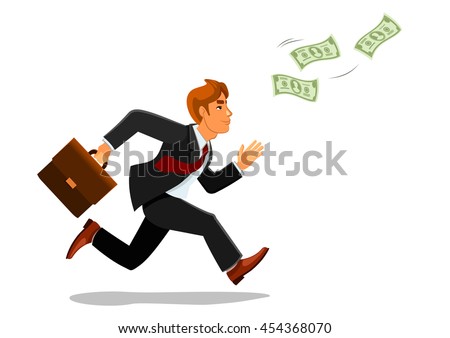 Cartoon businessman with suitcase or bag chasing or running for money banknotes or bill, greenback.